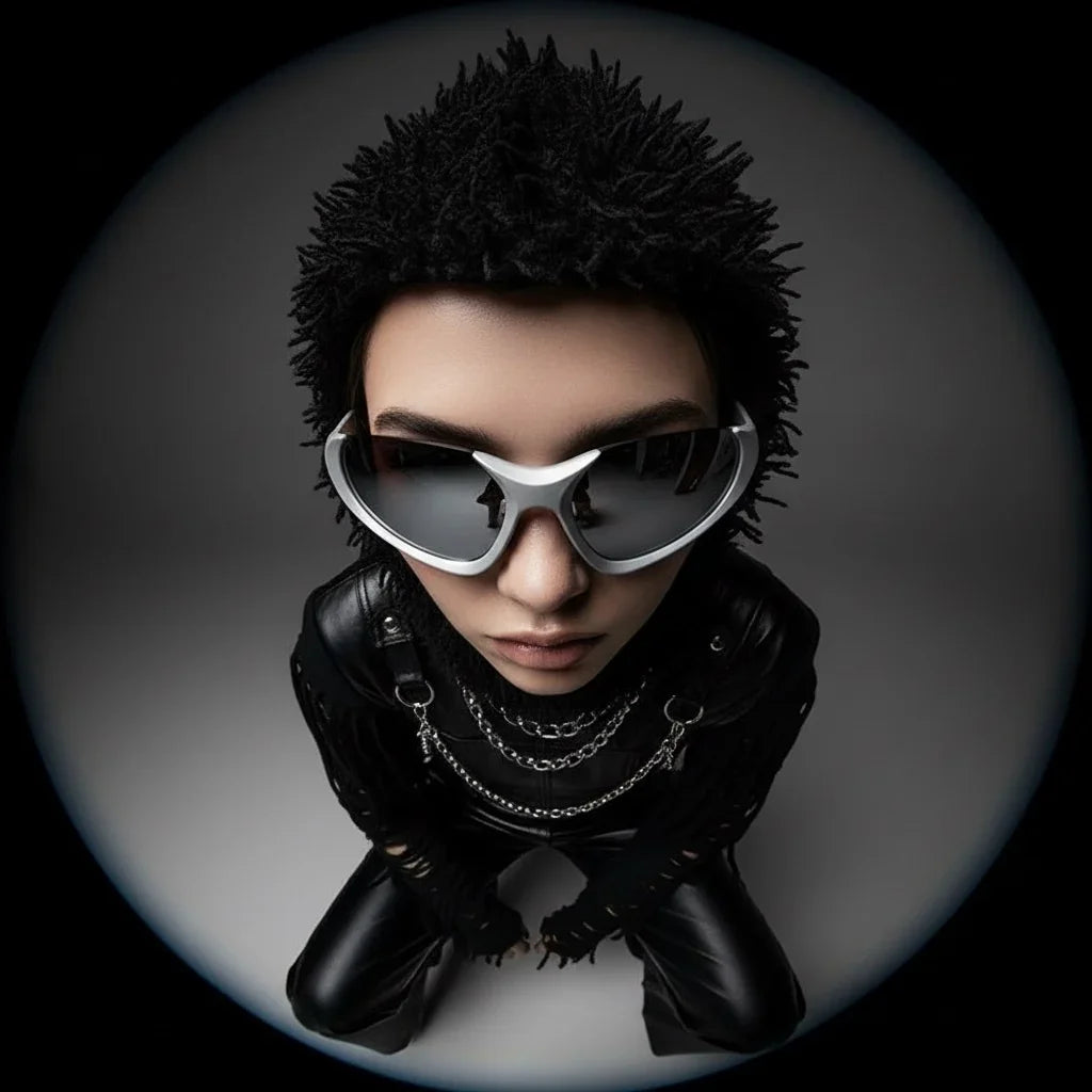 Edgy fashion model in black leather, bold sunglasses, chain details, dark minimal style