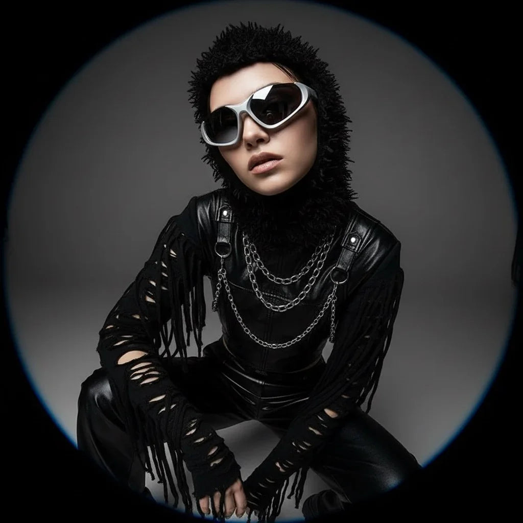 Model in edgy opium fashion wearing black shredded knit, leather, chains, and white sunglasses