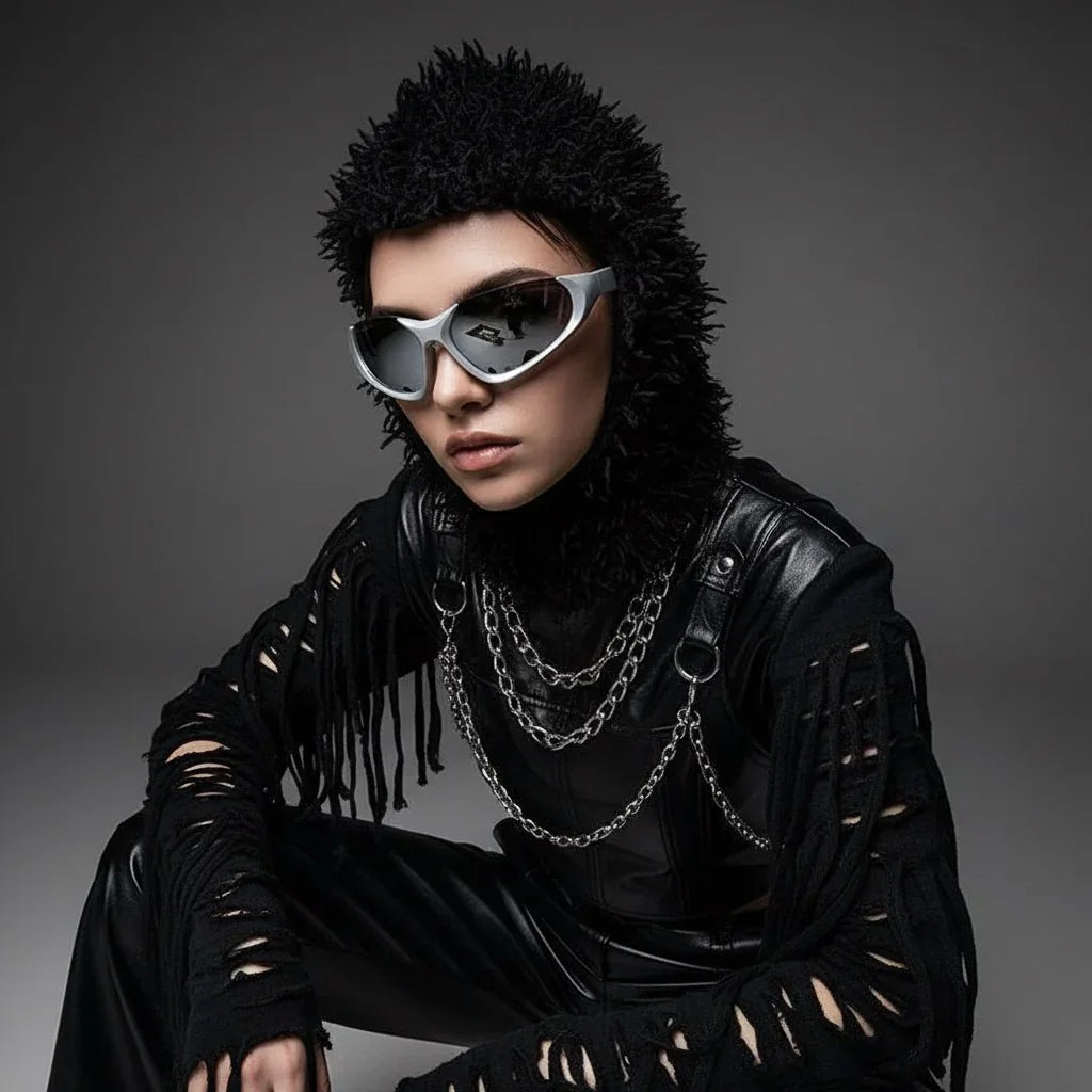 Model in edgy black opium fashion with leather, silver chains, and futuristic sunglasses