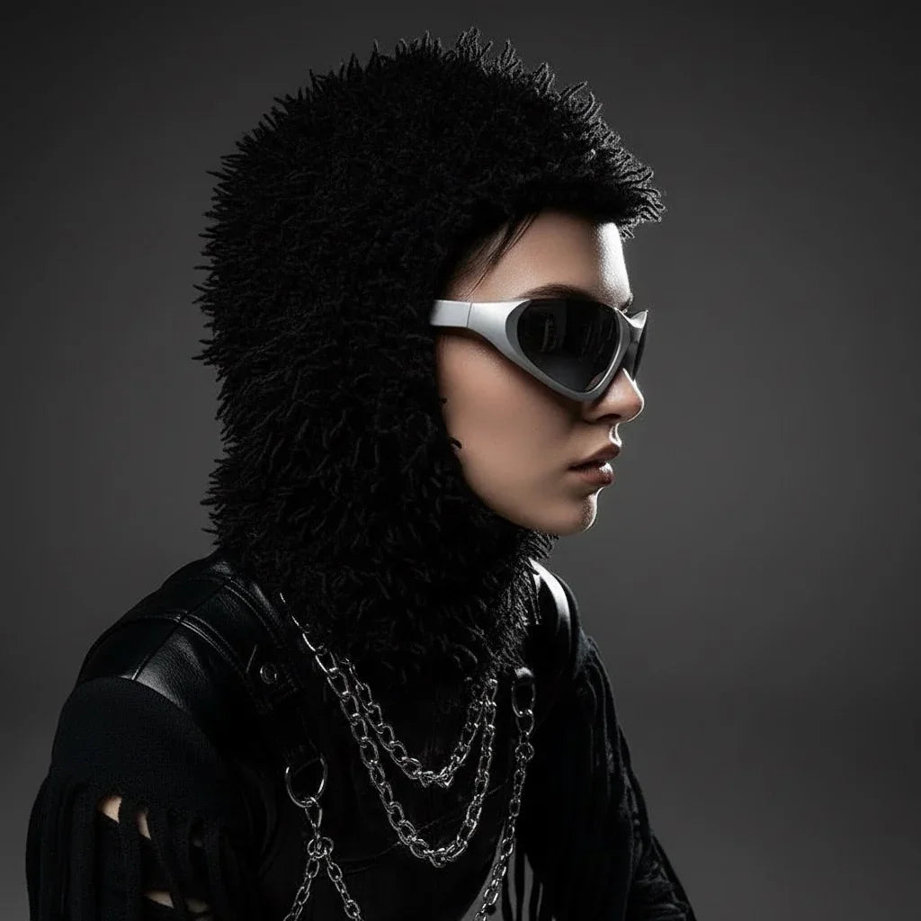 Edgy opium fashion model in black textured hood, silver goggles and chain accessories