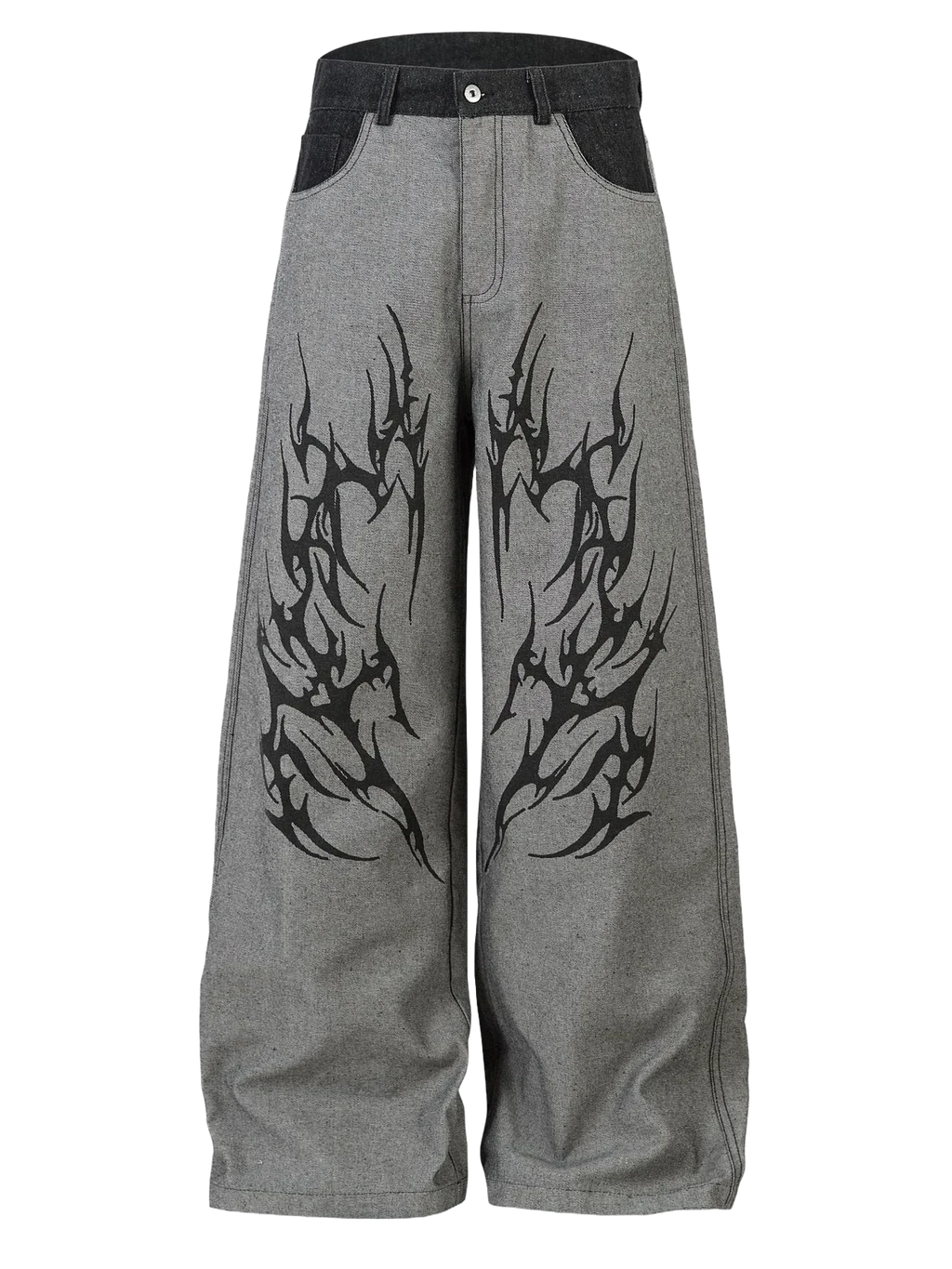 Grey wide leg jeans with black tribal print from Affect—Crew, edgy minimal fashion style