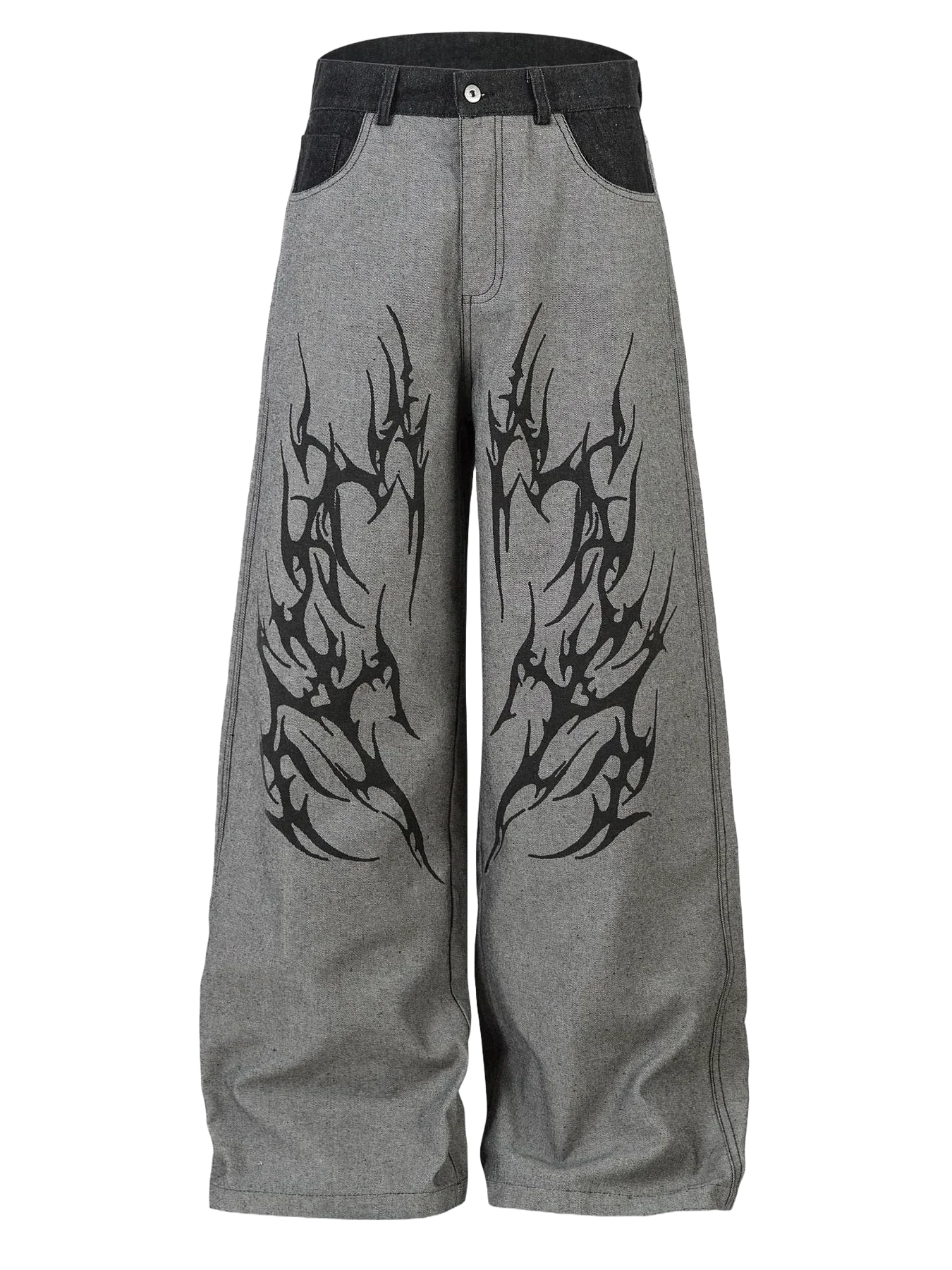 Grey wide leg jeans with black tribal print from Affect—Crew, edgy minimal fashion style