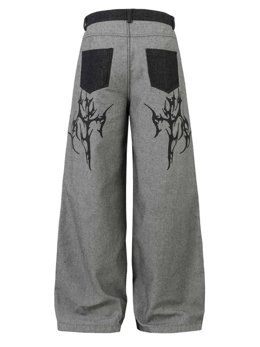 Grey wide leg jeans with black tribal designs and dark back pockets, Affect—Crew style