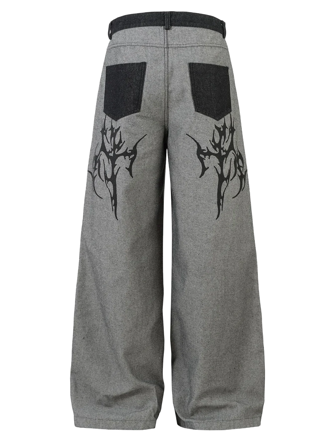 Grey wide leg jeans with black tribal designs and dark back pockets, Affect—Crew style