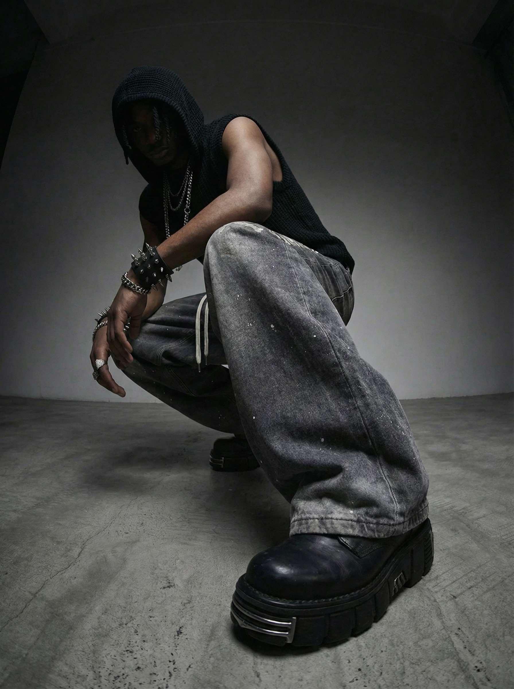 Person wearing a black hoodie, black shirt, gray pants, and black shoes in a dark room.