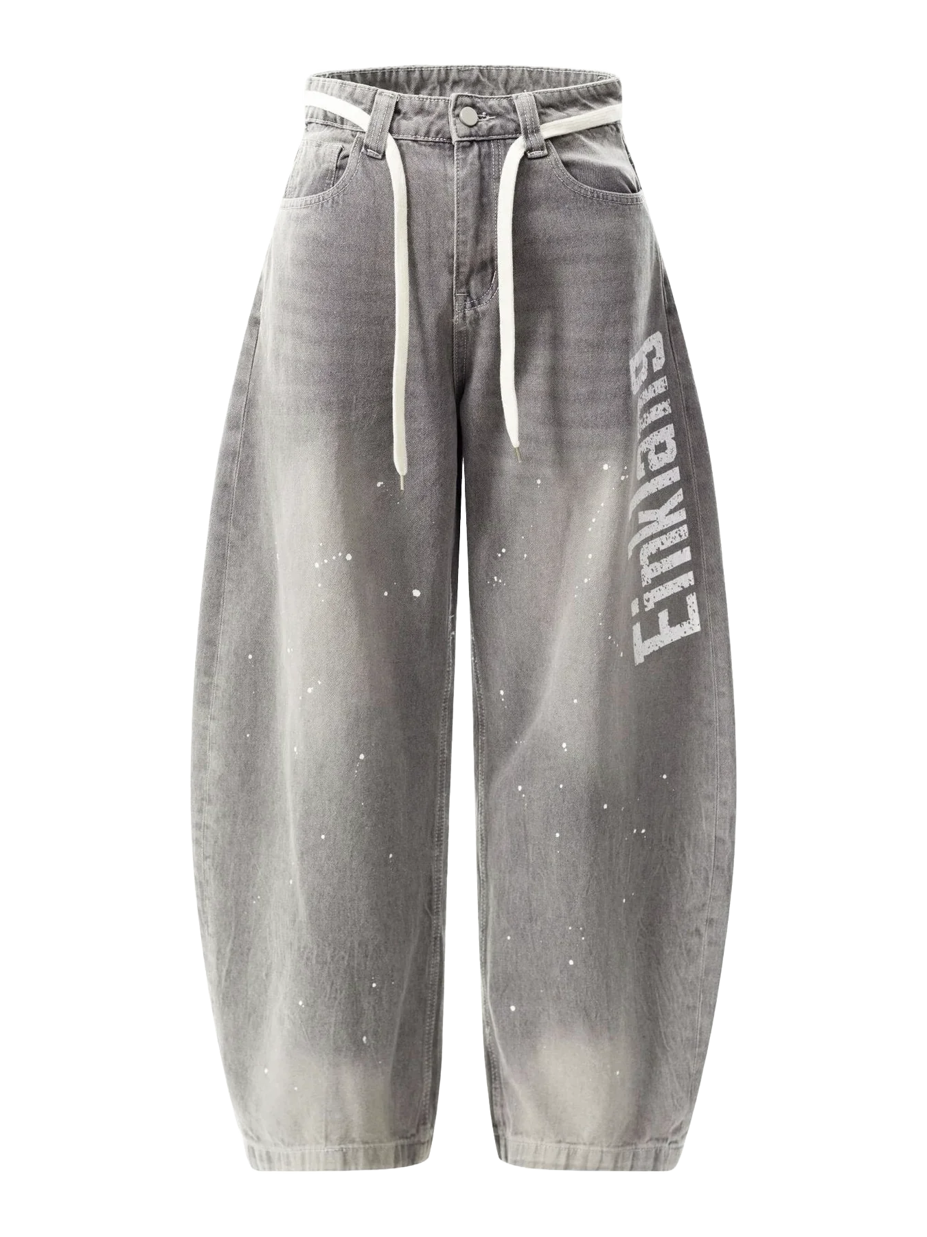 Gray distressed jeans with a brand logo