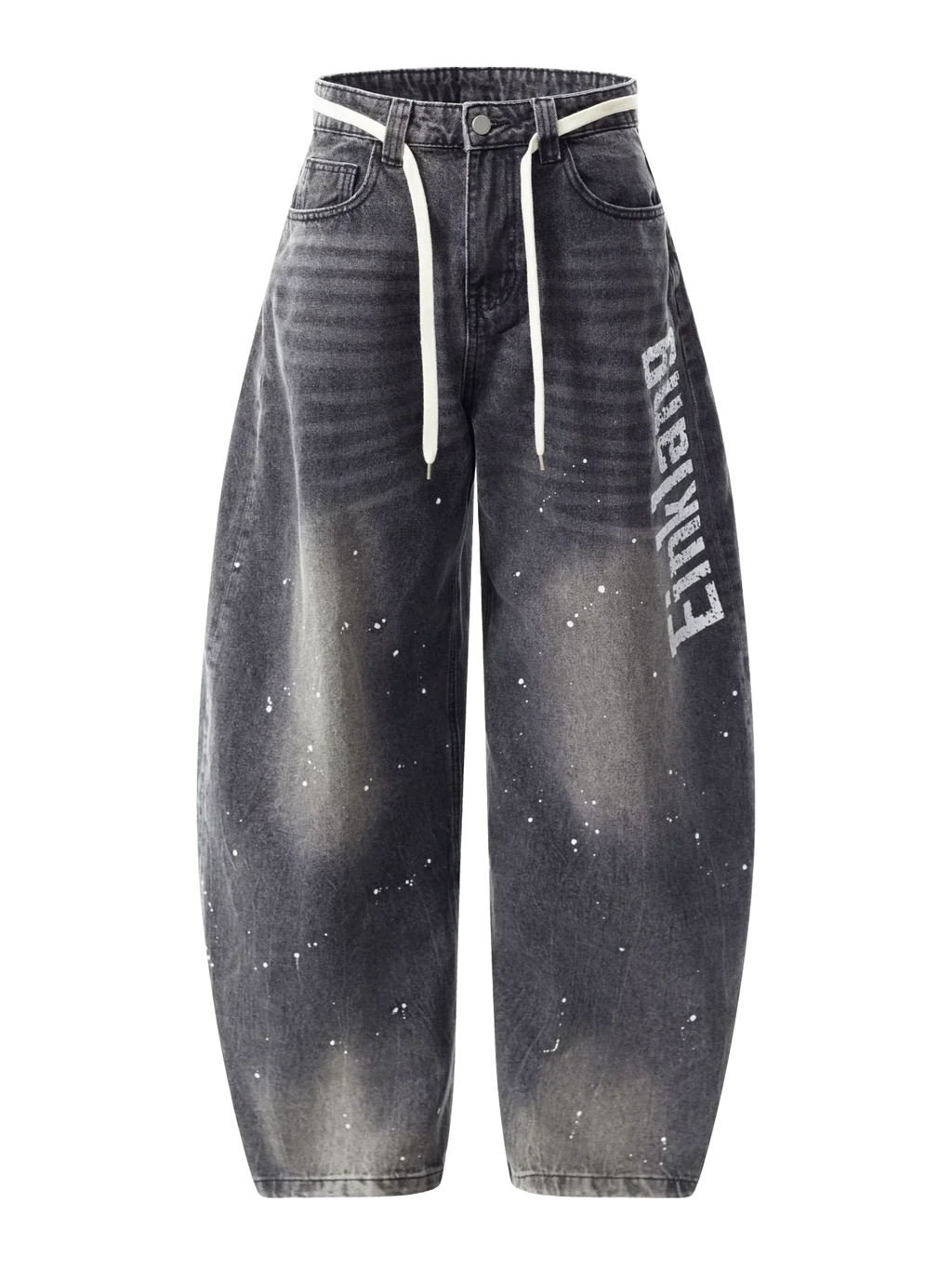 Black distressed jeans with a brand logo