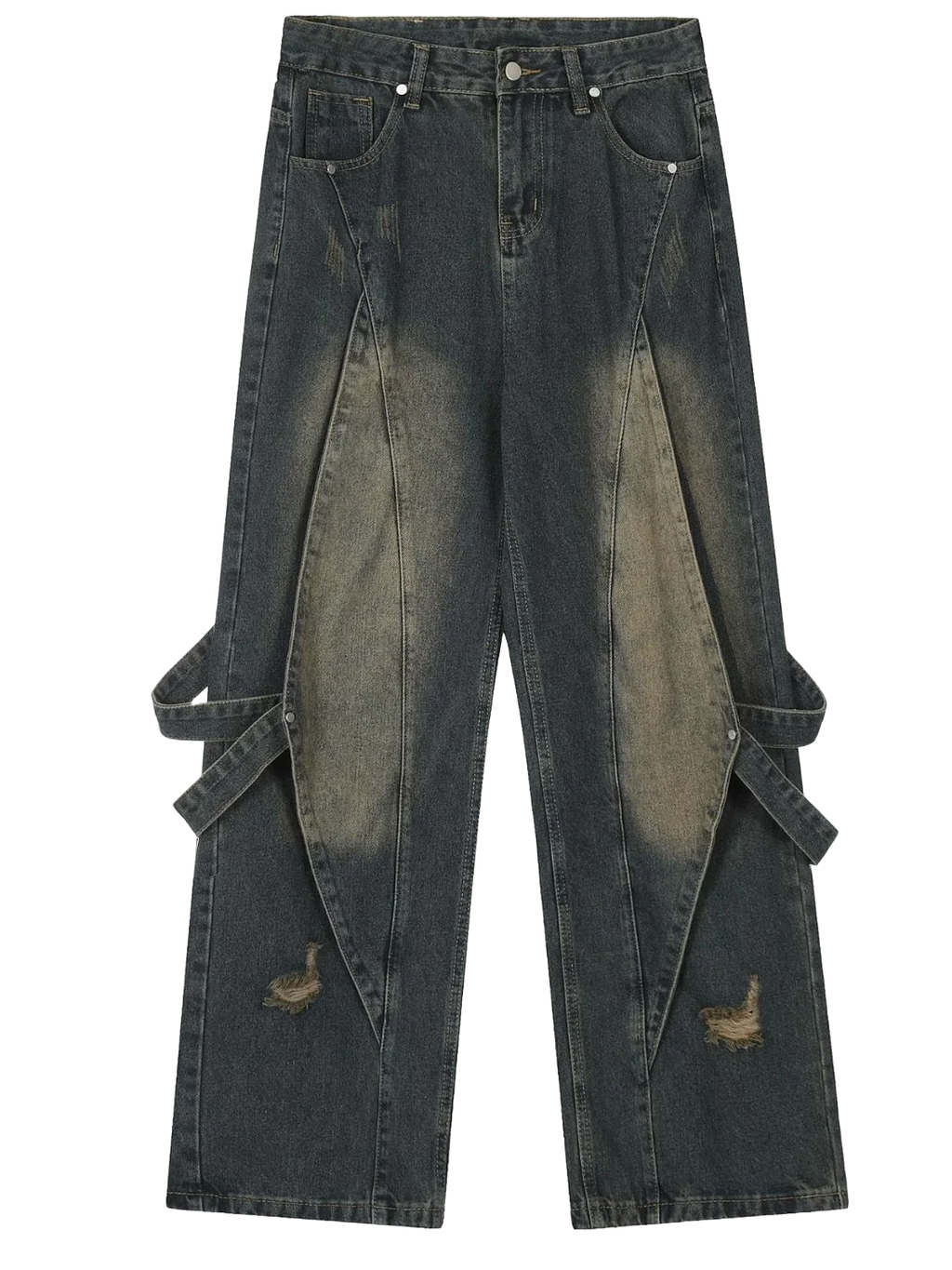 Distressed denim jeans with duck patches