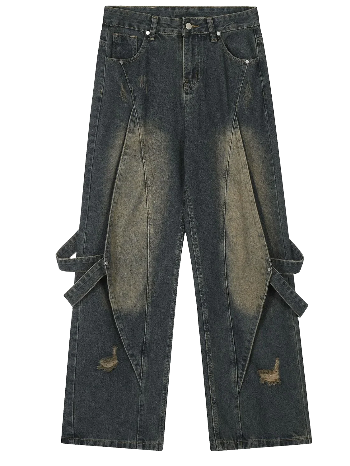 Distressed denim jeans with duck patches